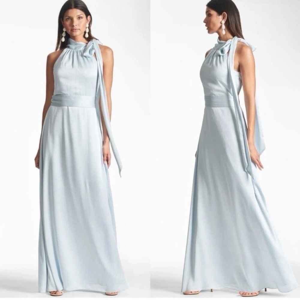 Sachin & Babi Kayla Tie High Neck Sleeveless Halter Bridesmaid Gown Ice Blue 8